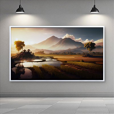 Quadro Decorativo Paisagem Arrozal com Montanhas e Pôr do Sol Dourado 6260