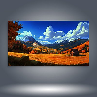 Quadro Decorativo Paisagem de Outono Montanhas Nevadas e Chalé Rústico 6214