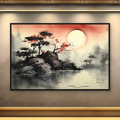 Quadro Decorativo Paisagem Japonesa Nascer do Sol Sol Vermelho e Rio 6229
