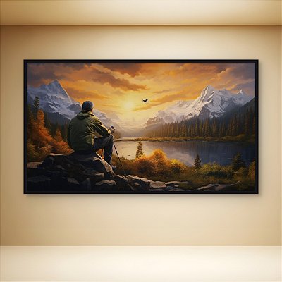 Quadro Decorativo Paisagem Montanhas Nevadas Rio e Pôr do Sol Dourado 6245