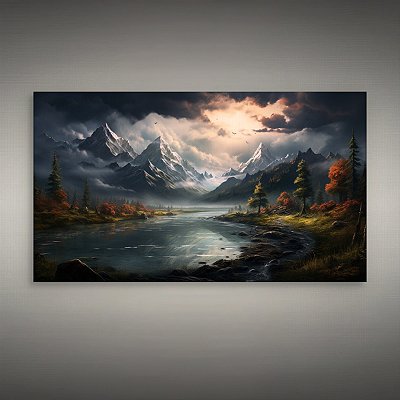 Quadro Decorativo Paisagem Montanhas Nevadas Rio Floresta Outonal e Céu Estornado 6240