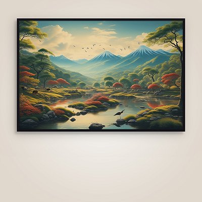 Quadro Decorativo Paisagem Montanhas Nevadas Vale Verde e Rio Sereno 6263