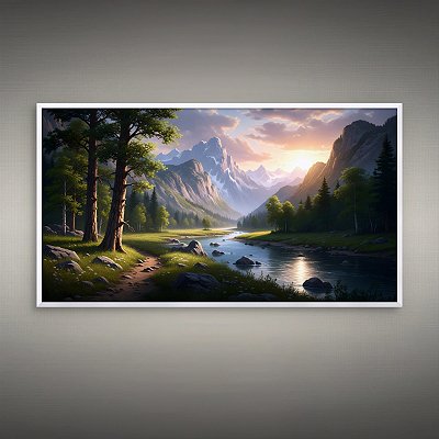 Quadro Decorativo Paisagem Montanhas Vale Rio Céu Pôr do Sol 6231