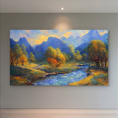 Quadro Decorativo Paisagem Montanhas Vale Rio e Árvores Outono 6272