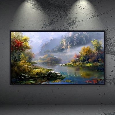 Quadro Decorativo Paisagem Outonal Rio Floresta e Montanhas Nebulosas 6259