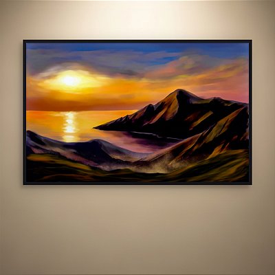 Quadro Decorativo Paisagem Pôr do Sol Montanhas e Lago Dourado 6257
