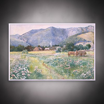 Quadro Decorativo Paisagem Rural com Montanhas, Vila e Cavalos na Fazenda 6269
