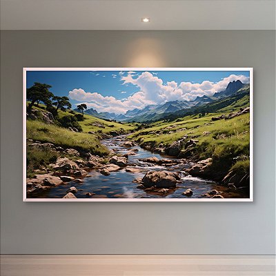 Quadro Decorativo Paisagem Vale Verde Montanhas e Rio Sinuoso 6206
