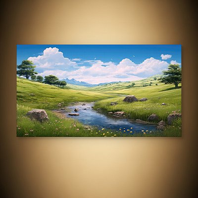 Quadro Decorativo Paisagem Vale Verdejante Rio Córrego e Montanhas Ao Fundo 6262