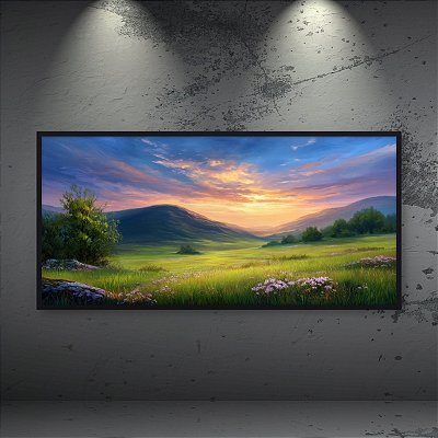 Quadro Decorativo Paisagem Vales ao Pôr do Sol com Montanhas e Campo Florido 6228