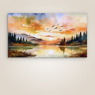 Quadro Decorativo Paisagem de Pôr do Sol em Aquarela com Lago e Floresta 6381