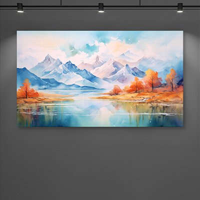 Quadro Decorativo Paisagem Montanhas Nevadas e Lago com Árvores Outonais 6384