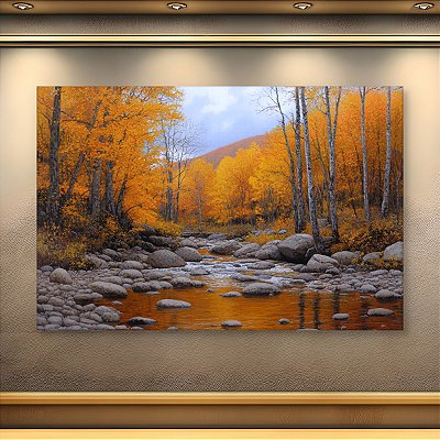 Quadro Decorativo Paisagem Outono Floresta Dourada e Rio com Pedras 6382