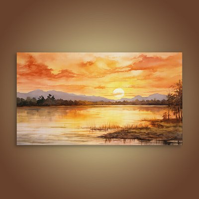 Quadro Decorativo Paisagem Pôr do Sol no Lago Montanhas e Horizonte Dourado 6385