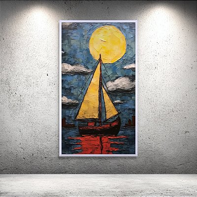 Quadro Decorativo Barco a Vela Mar Noturno Lua Cheia Pintura Moderna 6398