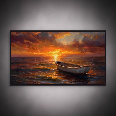 Quadro Decorativo Mar com Barco Solitário ao Pôr do Sol em Tons Alaranjados 6412