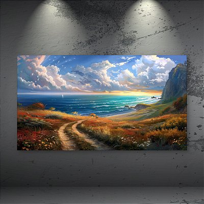 Quadro Decorativo Paisagem Costeira Caminho Campo Mar ao Pôr do Sol Vívido 6397