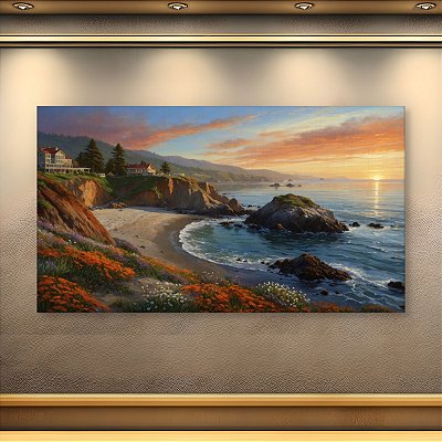 Quadro Decorativo Paisagem Litoral Califórnia Pôr do Sol Casas na Falésia 6391