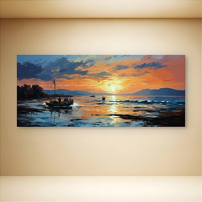 Quadro Decorativo Paisagem Marinha Pôr do Sol Barco em Alto Mar Estilo Óleo 6401