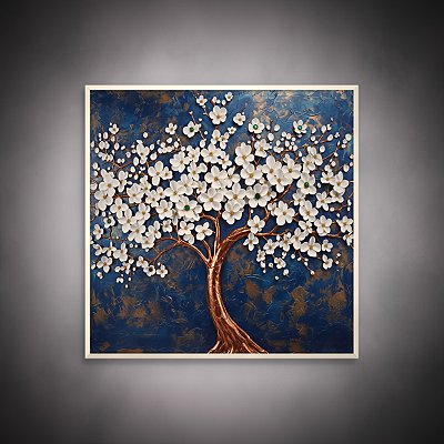 Quadro Decorativo Árvore da Vida Flores Brancas Metalizada Fundo Azul Luxo 6432
