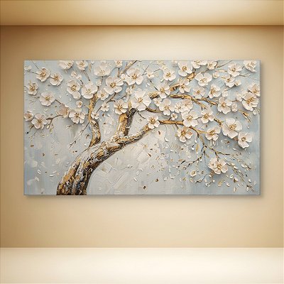 Quadro Decorativo Árvore de Flores Brancas Galhos Dourados Arte Texturizada 6434
