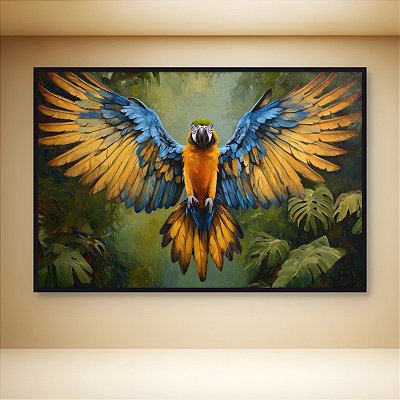 Quadro Decorativo Arara Azul e Amarela em Voo Pintura a Óleo Tropical 6298
