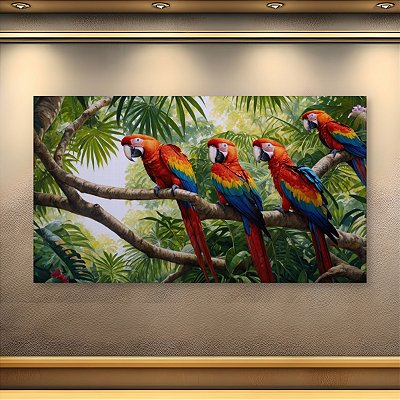 Quadro Decorativo Araras Vermelhas na Selva Tropical Arte de Parede Natureza 6318