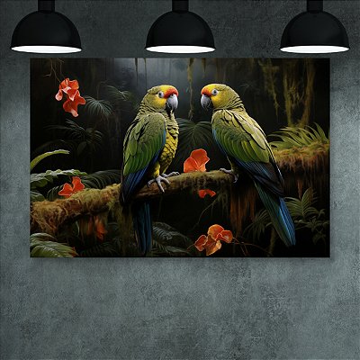 Quadro Decorativo Aves Tropicais Araras em Floresta Amazônica e Flores Laranjas 6331