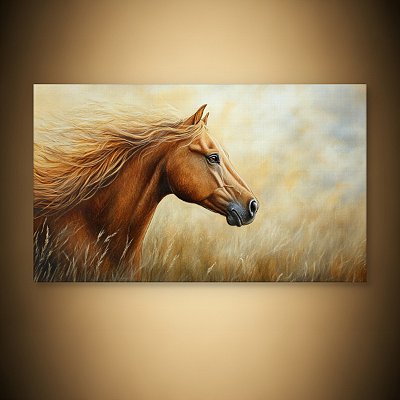 Quadro Decorativo Cavalo Alazão com Crina ao Vento em Campo Dourado Pintura 6308