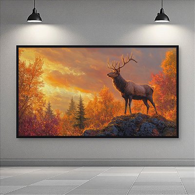 Quadro Decorativo Cervo Imponente na Montanha com Pôr do Sol de Outono 6317