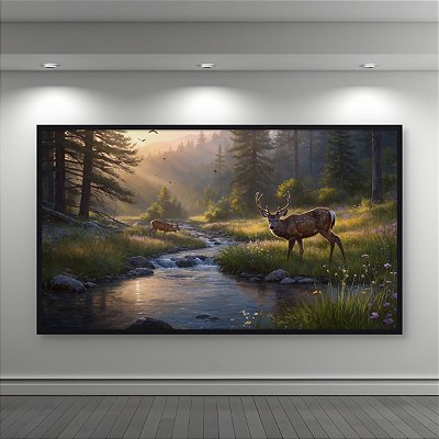 Quadro Decorativo Cervos na Floresta Rio e Luz Solar Paisagem Natural 6324