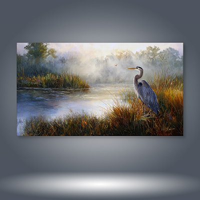 Quadro Decorativo Garça no Lago Paisagem Natural e Nevoeiro Matinal 6302