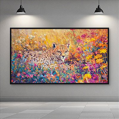 Quadro Decorativo Leopardo entre Flores Coloridas Pinceladas 6323