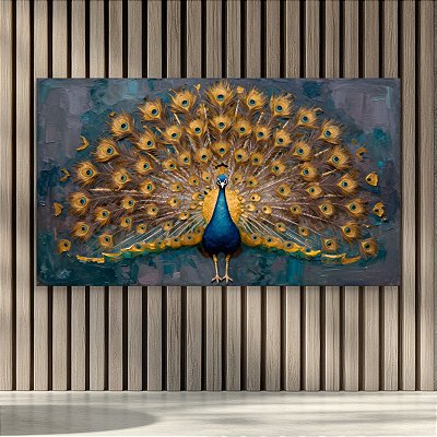 Quadro Decorativo Pavão com Cauda Dourada e Fundo Texturizado Azul 6299