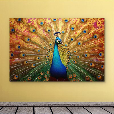 Quadro Decorativo Pavão Real com Cauda Aberta Estilo Abstrato Dourado 6320