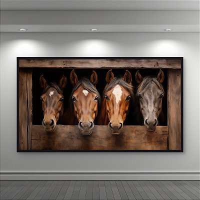 Quadro Decorativo Quatro Cavalos em Estábulo Rústico Arte Realista Farmhouse 6309