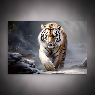 Quadro Decorativo Tigre Majestoso em Cenário de Neve e Névoa Artística 6300