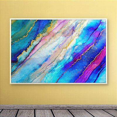 Quadro Decorativo Abstrato Fluido Textura Marrom e Azul com Detalhes Dourados 6344