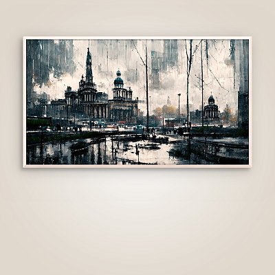 Quadro Decorativo Arquitetura Clássica Urbana Pintura a Óleo Cinza e Branco 6350