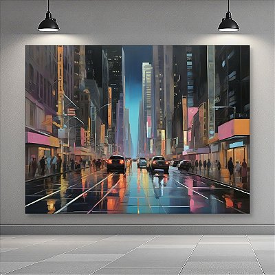 Quadro Decorativo Cidade Noturna Nova York Arquitetura Moderna Urbana Chuva 6374
