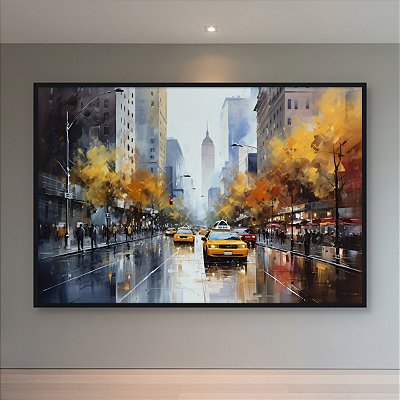 Quadro Decorativo Cidade Nova York Táxi Amarelo e Empire State em Outono 6348