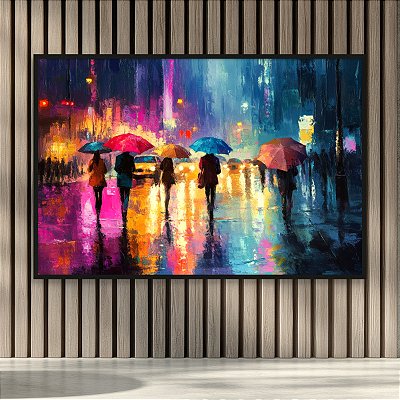 Quadro Decorativo Cidades Paisagem Urbana Noturna Chuva com Guarda-Chuva 6371