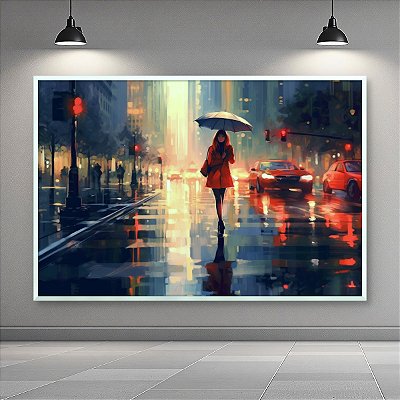 Quadro Decorativo Cidades Rua Chuvosa com Mulher de Vermelho e Guarda-Chuva 6368
