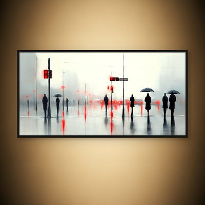 Quadro Decorativo Paisagem Urbana Chuvosa com Pessoas e Semáforos Vermelhos 6349