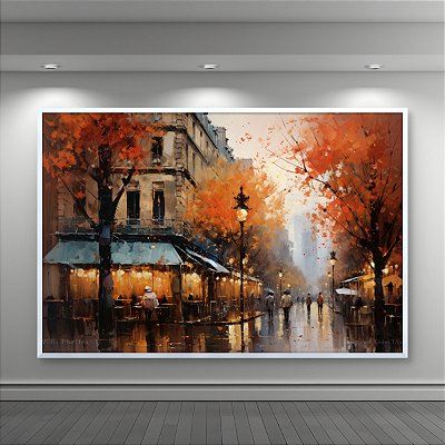 Quadro Decorativo Paisagem Urbana Outono Parisiense Restaurante e Iluminação 6352