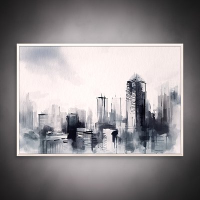 Quadro Decorativo Paisagem Urbana Skyline Minimalista em Aquarela P&B 6365