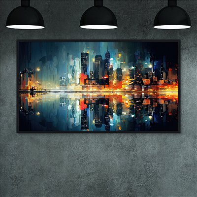 Quadro Decorativo Paisagem Urbana Skyline Noturno Reflexo na Água Estilo Arte 6359