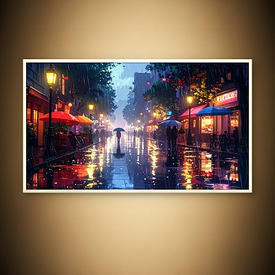 Quadro Decorativo Rua Europeia Iluminada em Noite de Chuva Arte Digital 6366