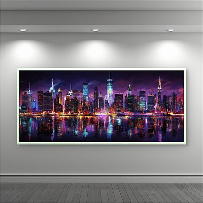 Quadro Decorativo Skyline Nova York Noturno Neon Paisagem Urbana Moderna 6363