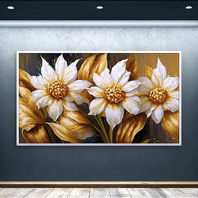 Quadro Decorativo Flores Brancas e Douradas Arte Abstrata Moderna em Tela 6379